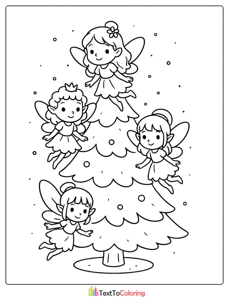 Beautiful Christmas Tree Coloring Page with Four Cute Fairies Flying