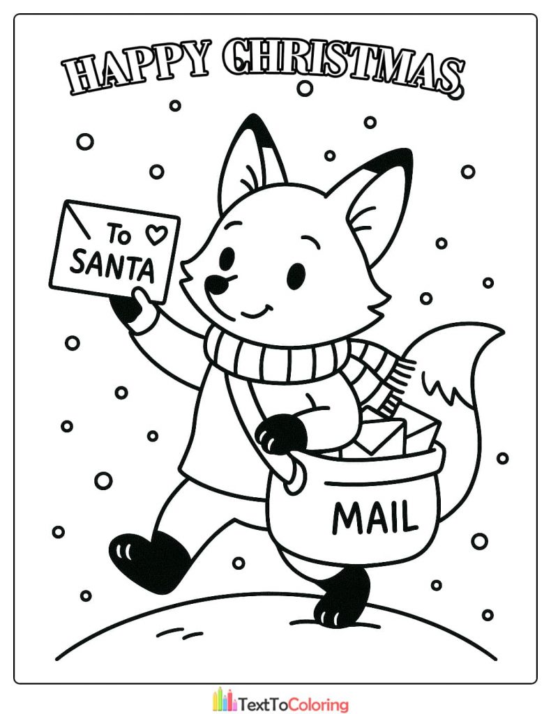Christmas Coloring Page featuring a friendly fox postman carrying a bag of mail and a letter to Santa