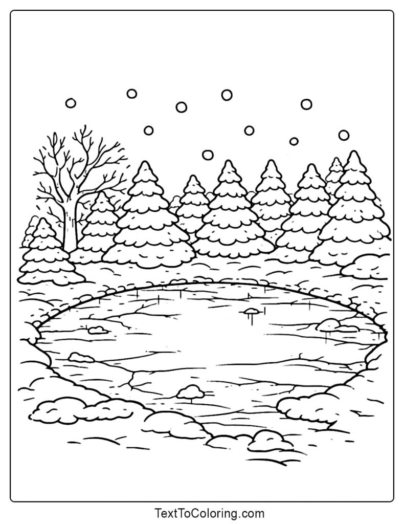 Frozen Lake And Snowy Trees Winter Coloring Pages