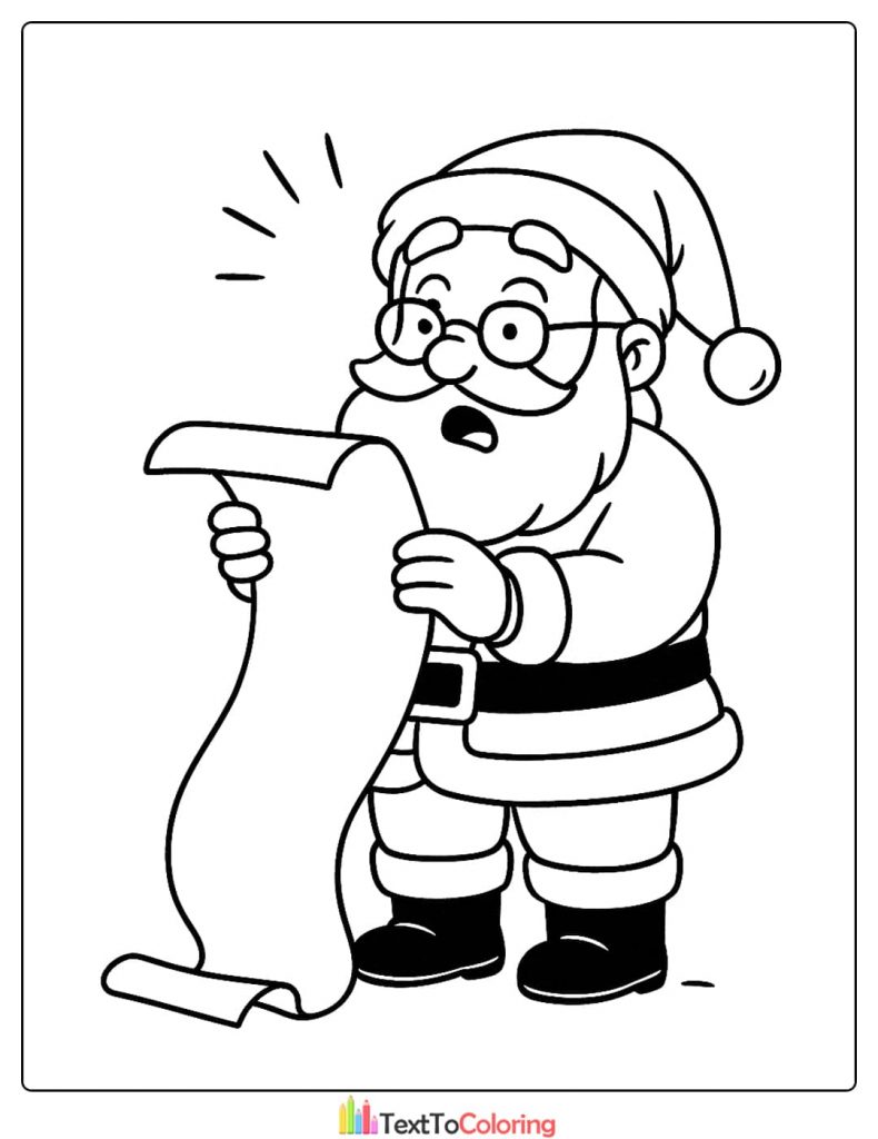Surprised Santa Claus reading an extra long naughty or nice list coloring page