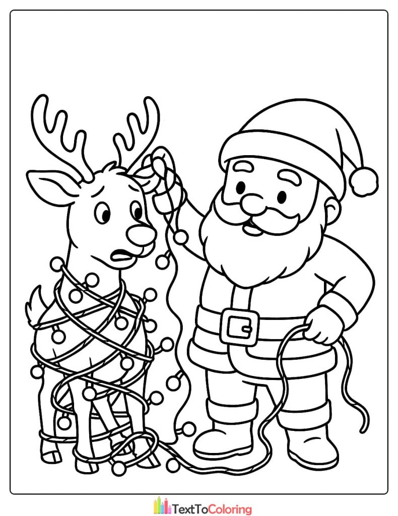 Santa Claus untangling Christmas lights from reindeer coloring page