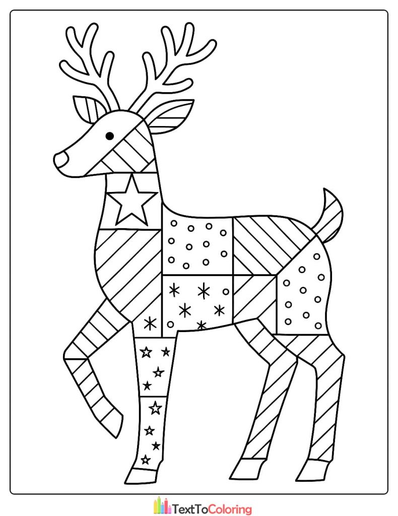 Elegant standing reindeer with body covered in geometric patchwork patterns and stars