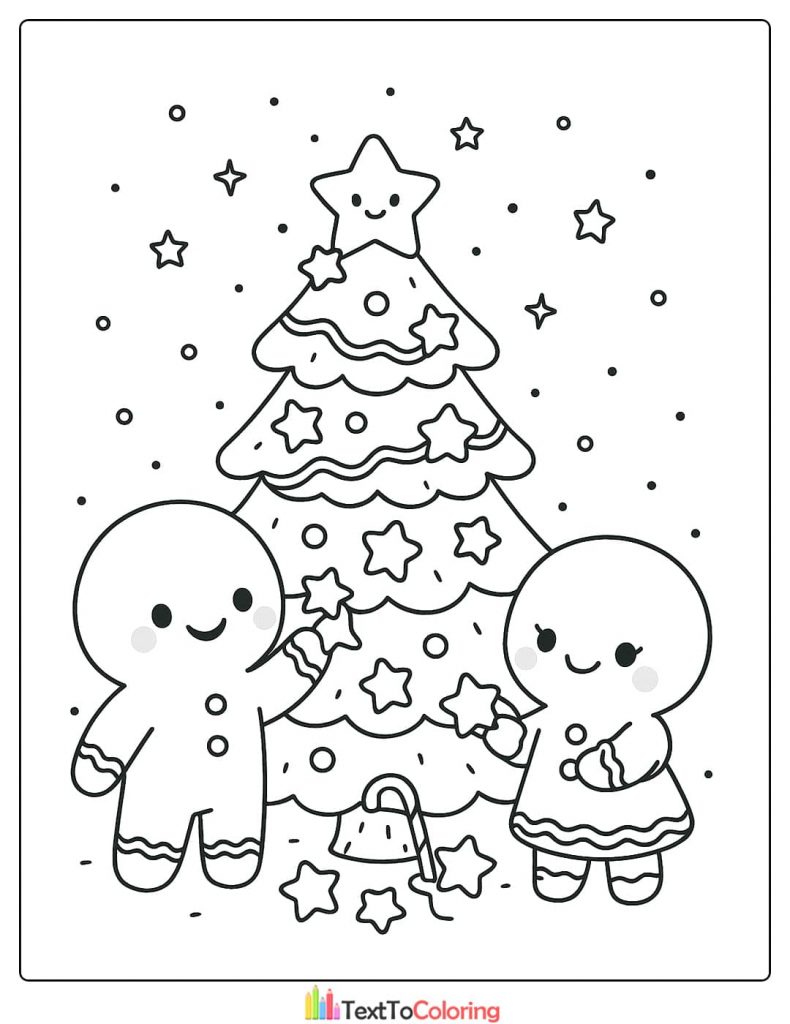 Cute Christmas Tree Coloring Page with Gingerbread People Star Ornaments