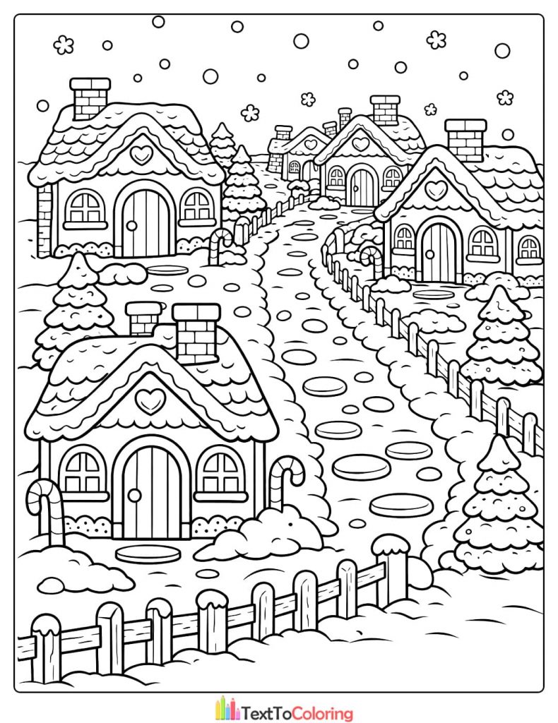 Gingerbread house coloring pages cozy village