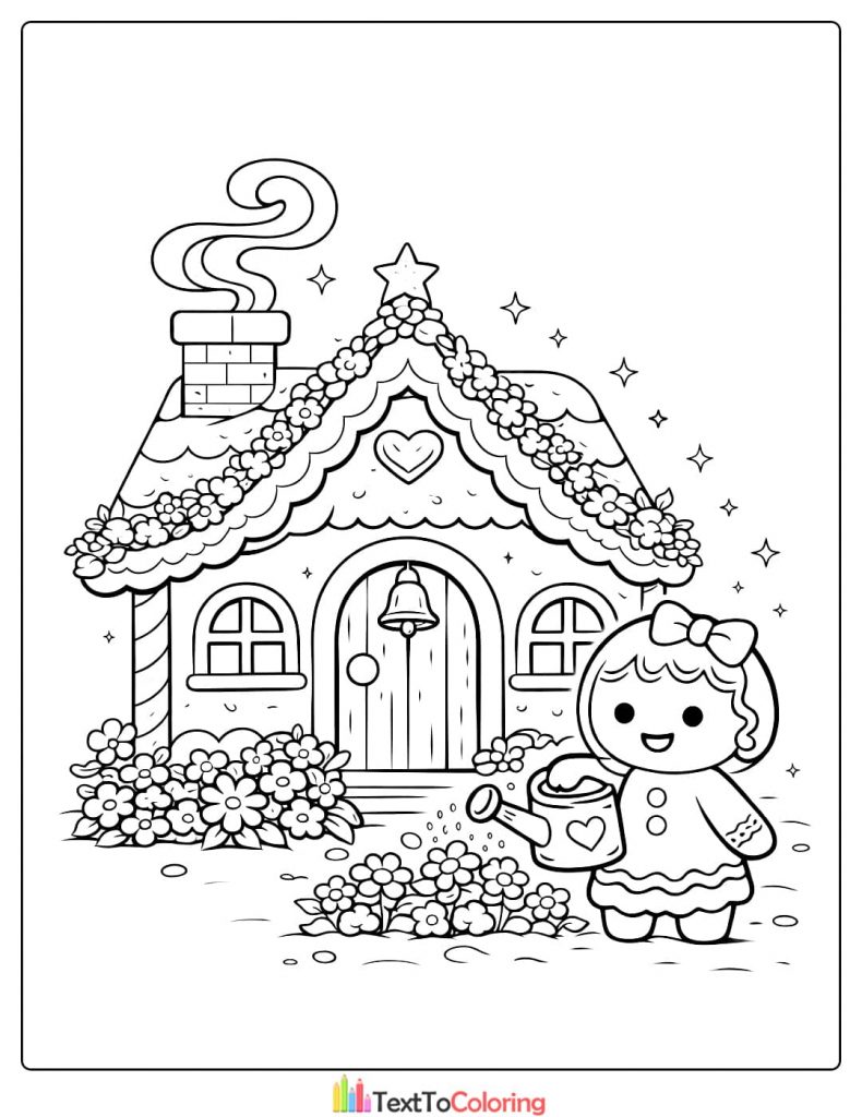 Gingerbread house coloring pages girl watering flowers