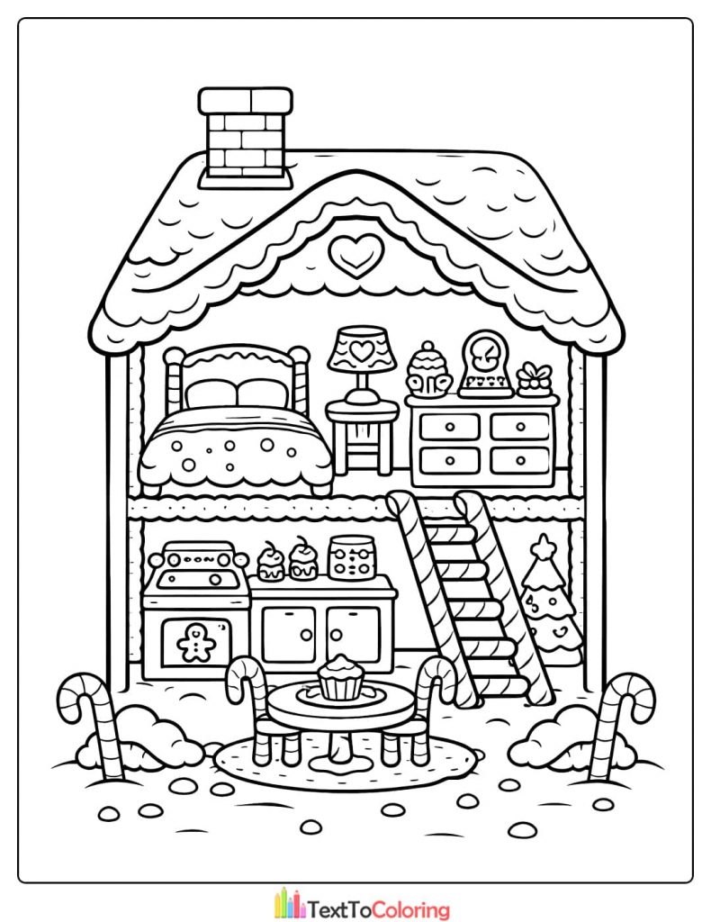 Gingerbread house coloring pages inside house