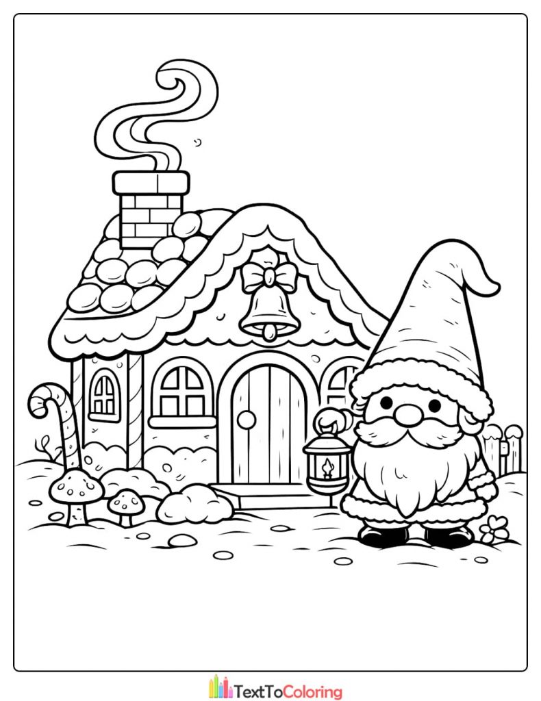 Gingerbread house coloring pages Santa gnome