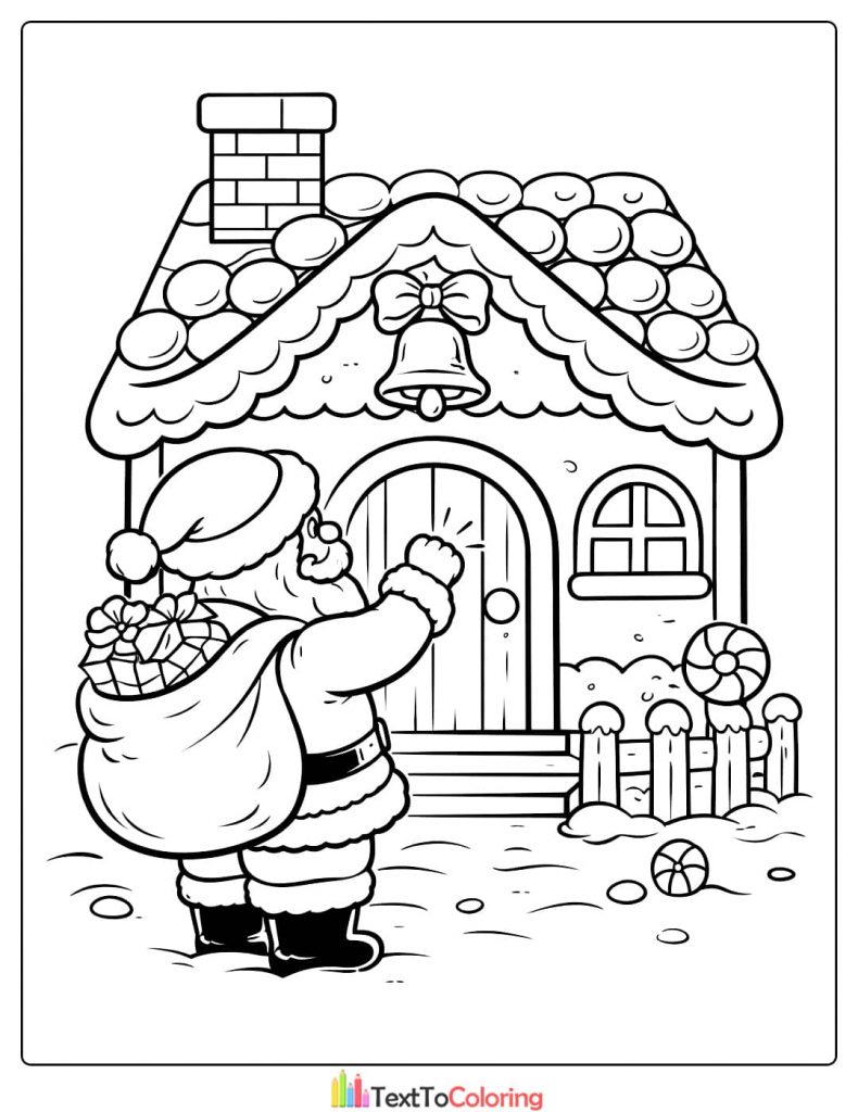 Gingerbread house coloring pages Santa knocking door