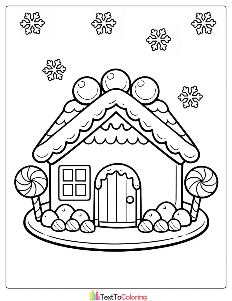 Gingerbread house coloring pages with snowflakes