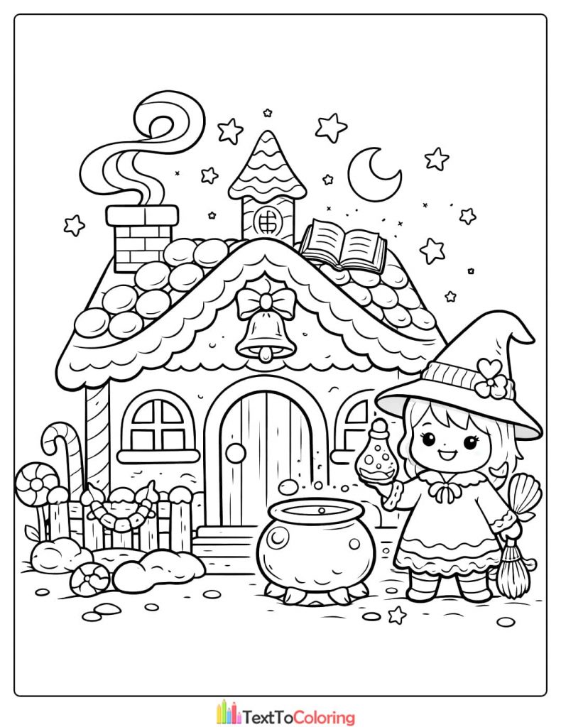 Gingerbread house coloring pages witch character