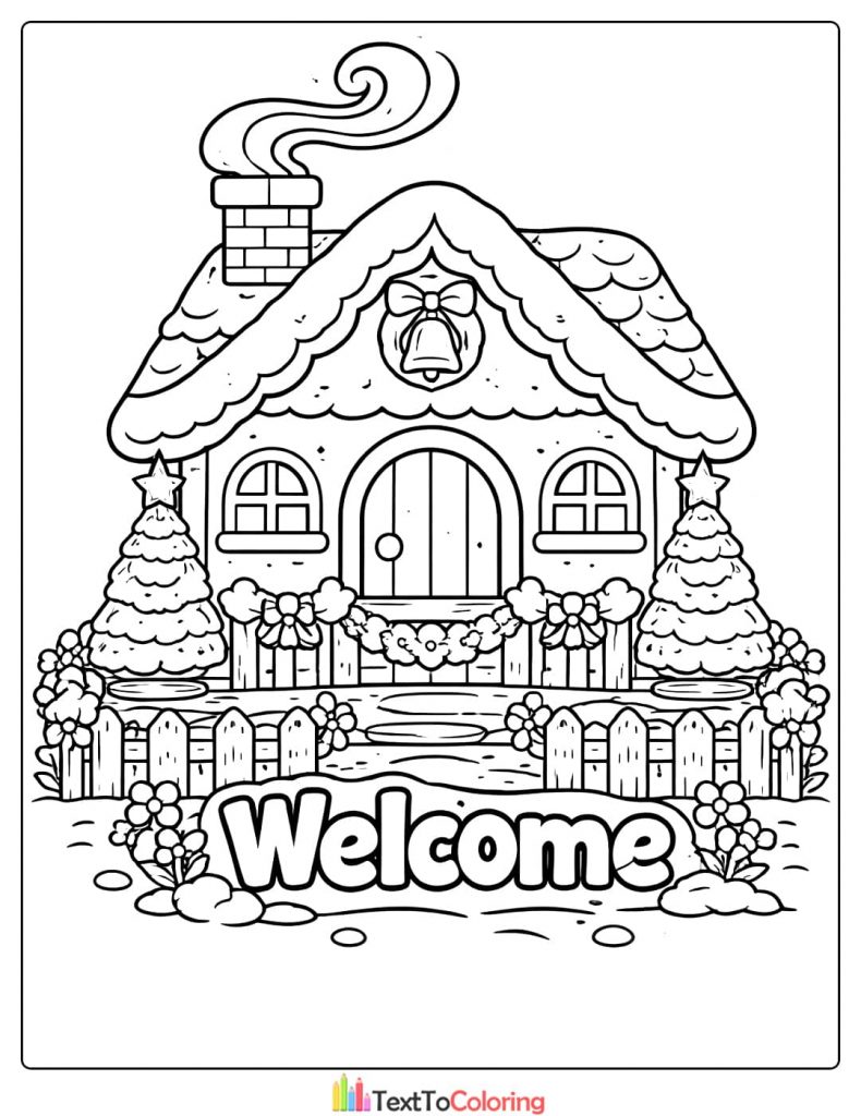 Gingerbread house coloring pages welcome sign