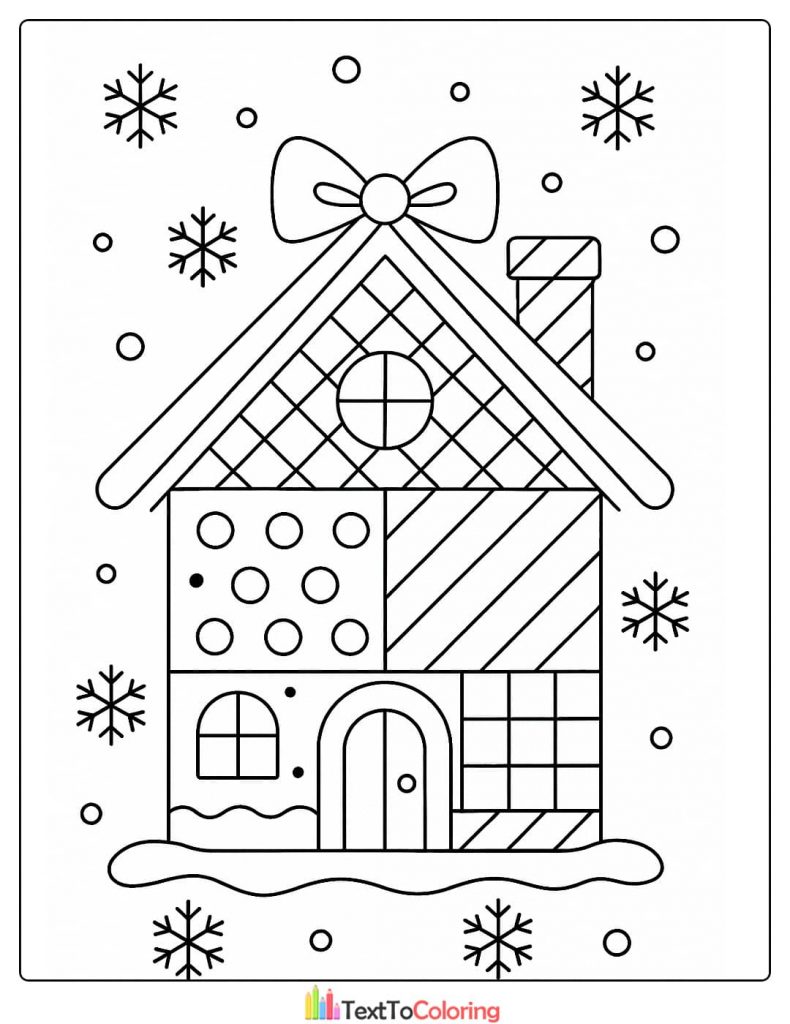 Patchwork style gingerbread house coloring page with snowflakes and candy decor