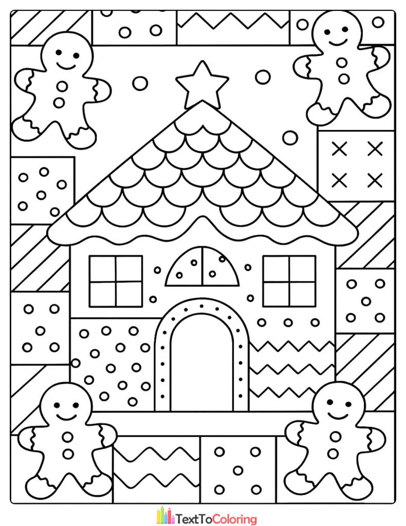 Gingerbread house coloring page surrounded by four patchwork gingerbread men