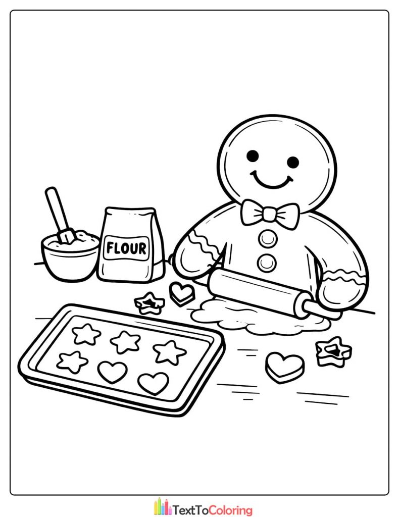 Gingerbread man baking cookies coloring page