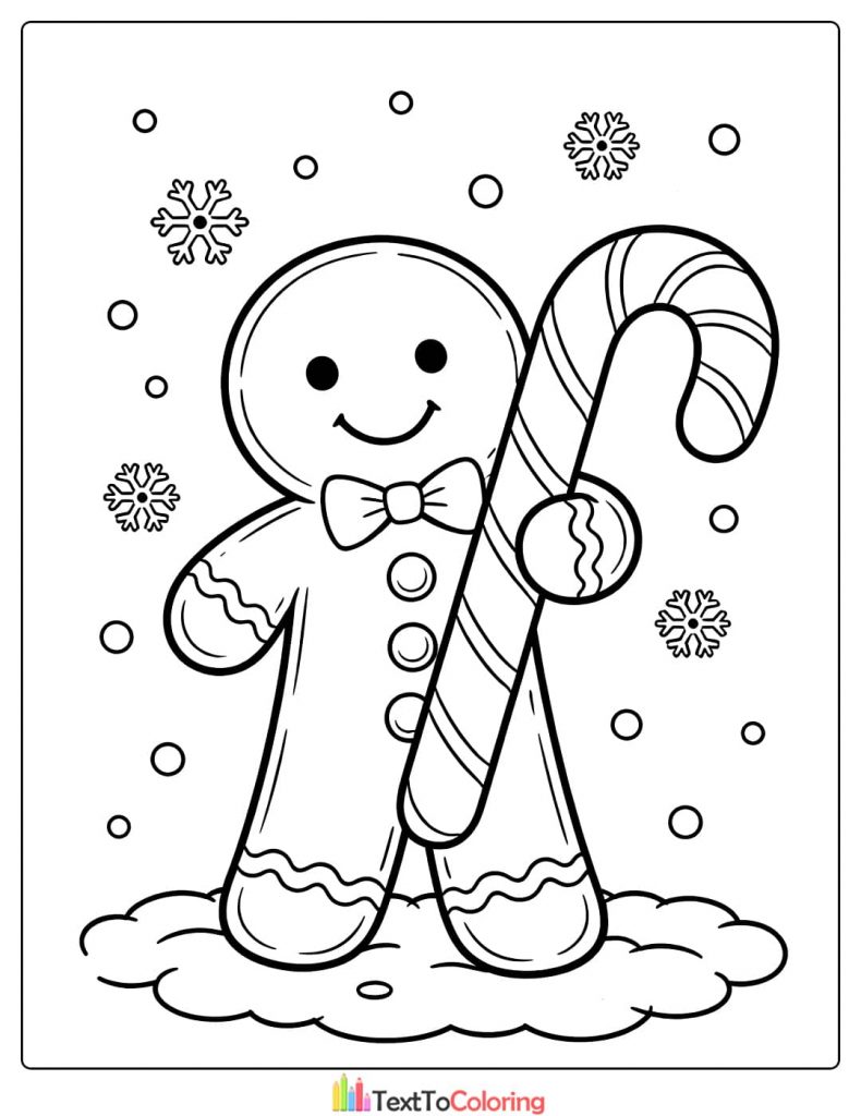 Gingerbread man candy cane coloring page