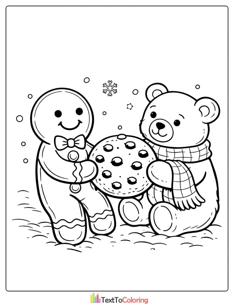 Gingerbread man cookie sharing coloring page