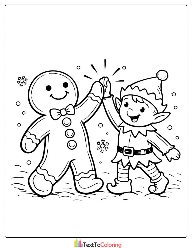 Gingerbread man elf high five coloring page
