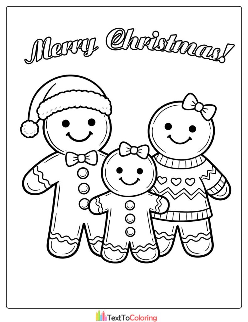 Gingerbread family Christmas coloring page