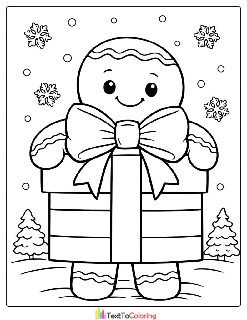 Gingerbread man gift box coloring page