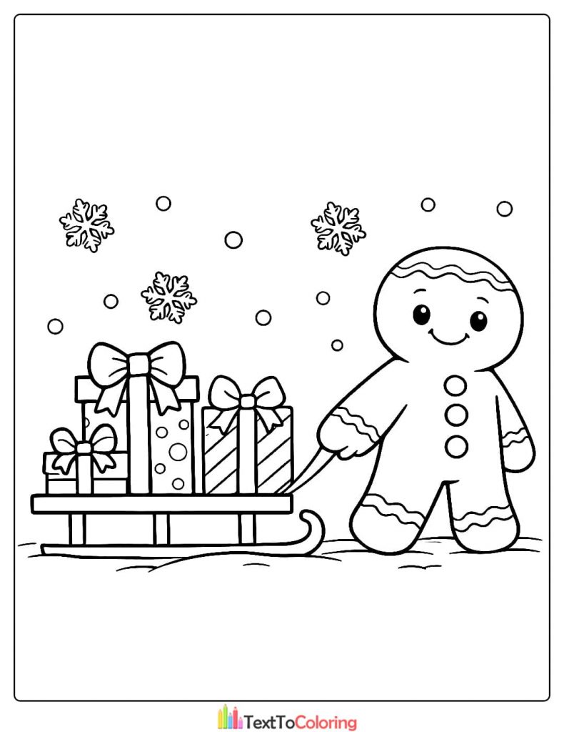 Gingerbread man pulling gift sled coloring page