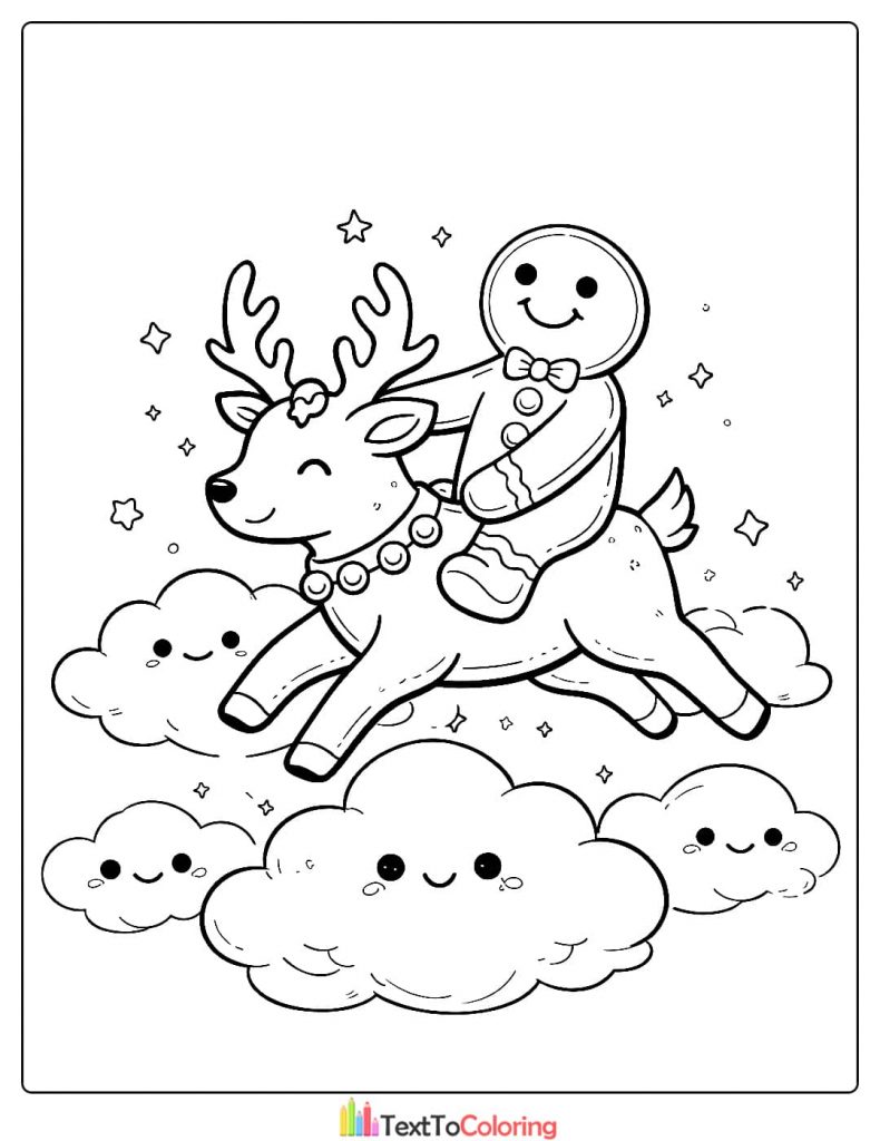 Gingerbread man riding reindeer coloring page