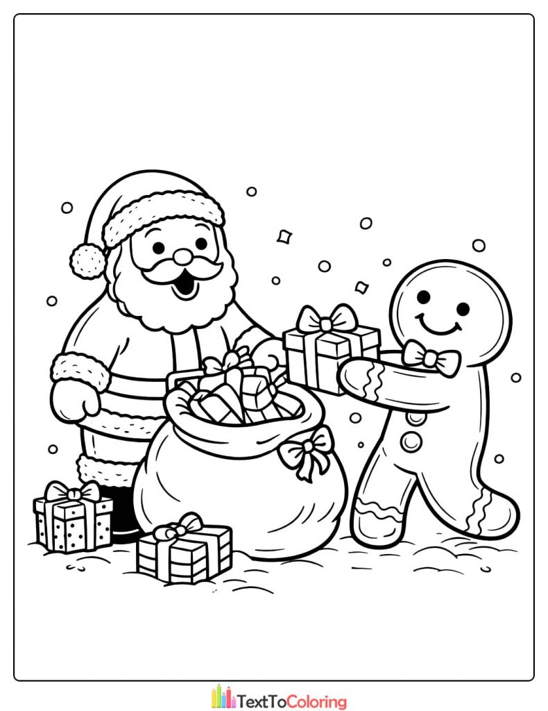 Santa giving gingerbread man a gift coloring page