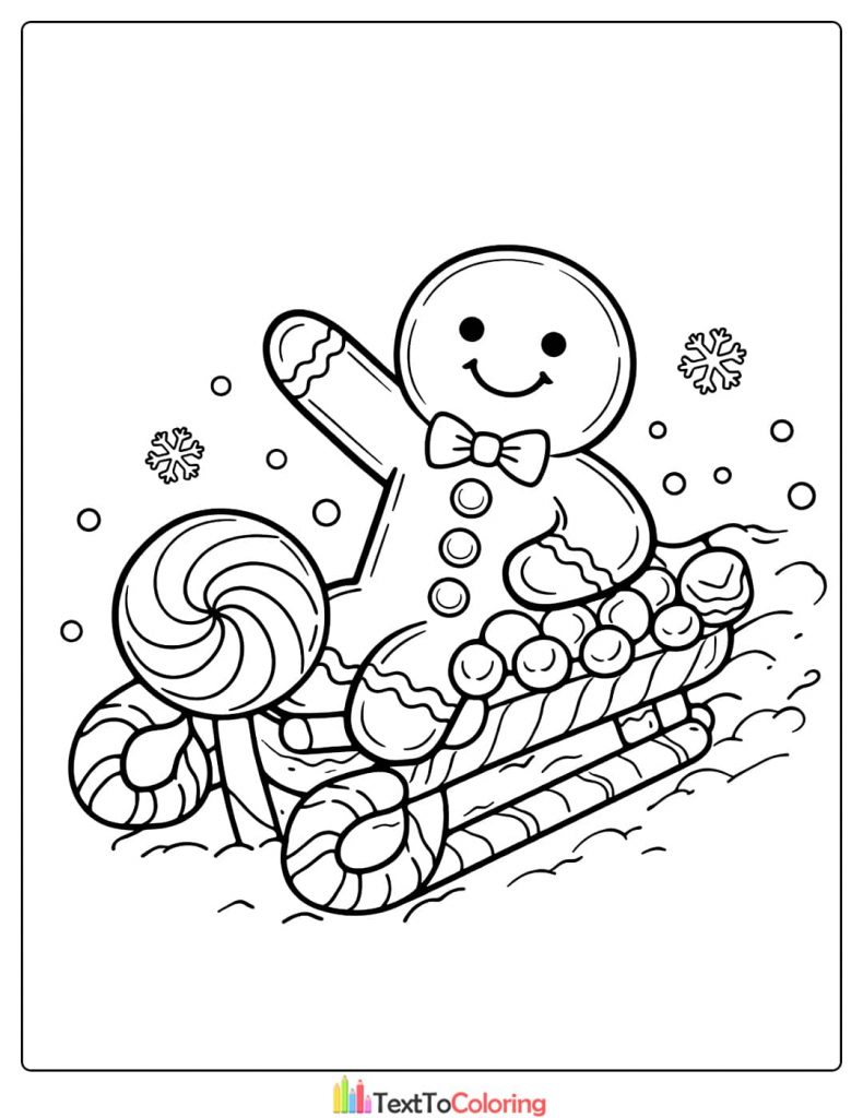 Gingerbread man sled candy coloring page