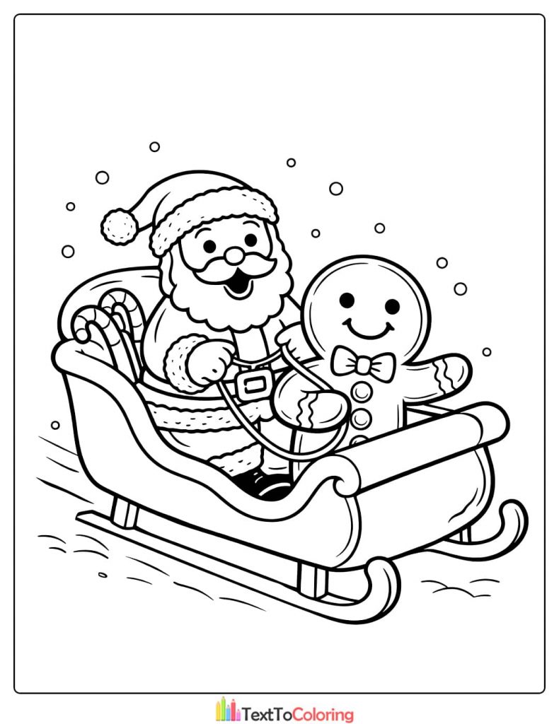 Gingerbread man Santa sleigh coloring page