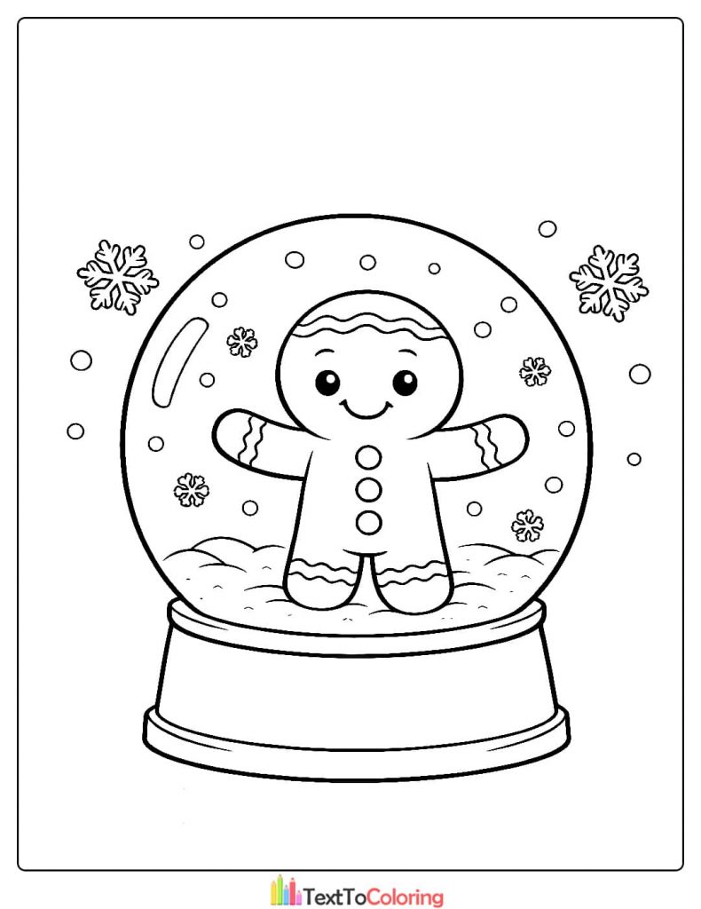 Gingerbread man snow globe coloring page