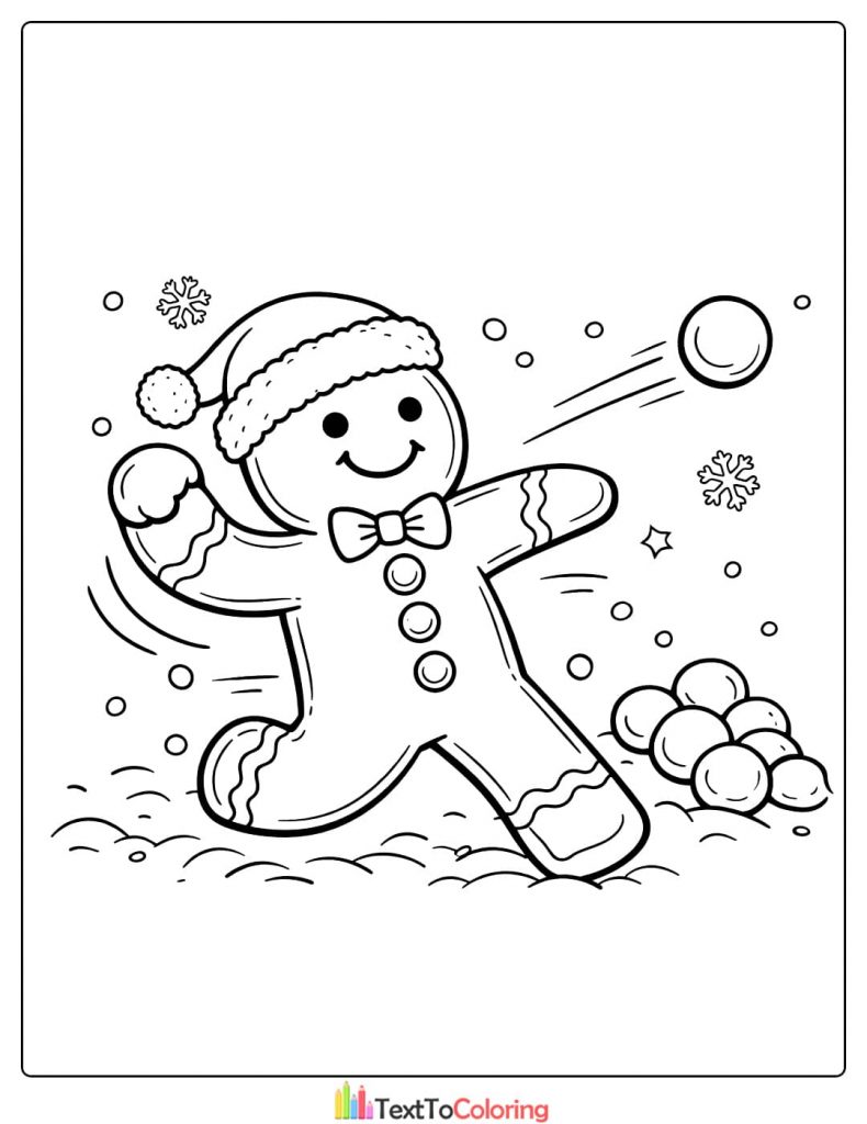 Gingerbread man snowball winter coloring page