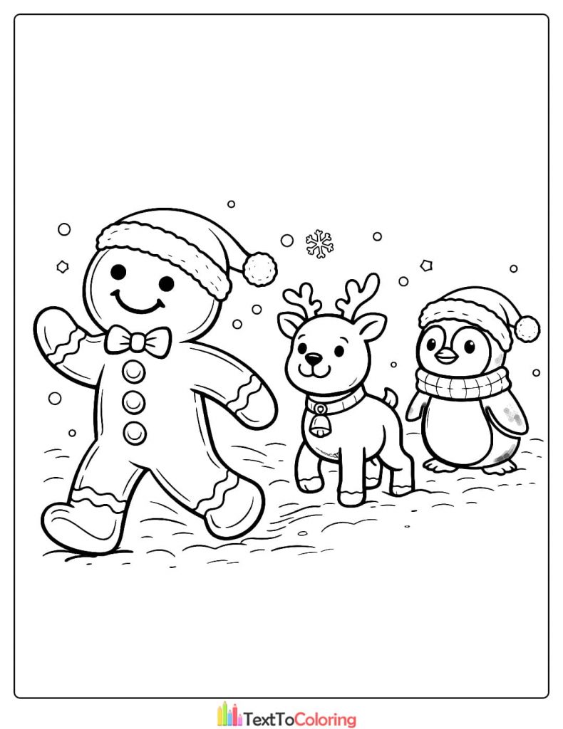 Gingerbread man winter friends coloring page