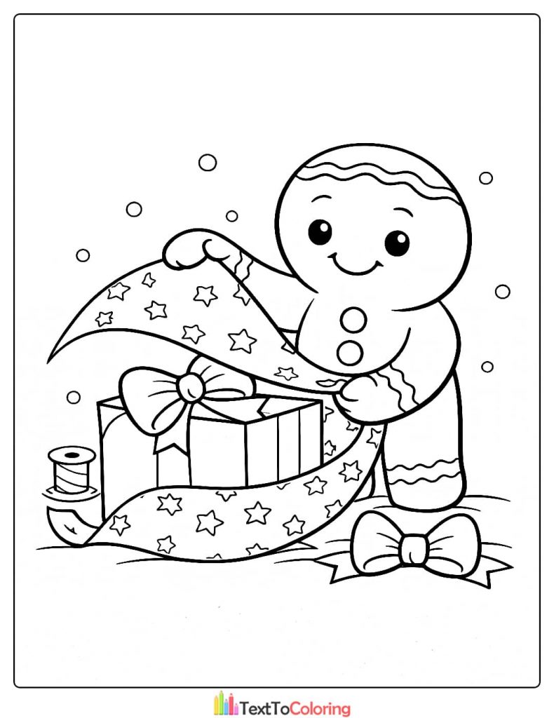 Gingerbread man wrapping gift coloring page