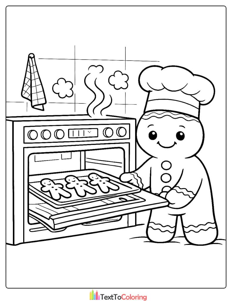 Gingerbread man baking cookies coloring page