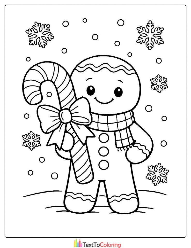 Gingerbread man holding candy cane coloring page