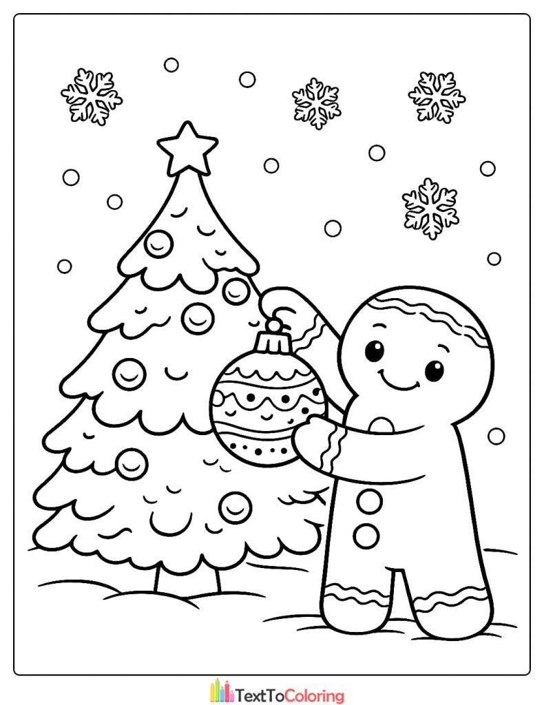 Gingerbread man decorating tree coloring page