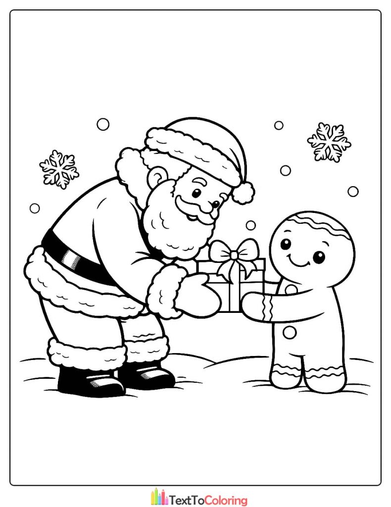 Santa giving gingerbread man a gift coloring page