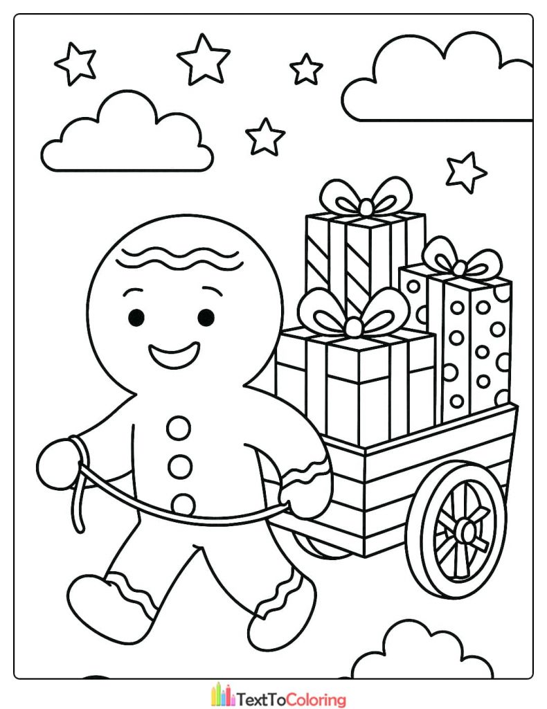 Christmas Coloring Page of a smiling gingerbread man pulling a cart full of wrapped Christmas presents