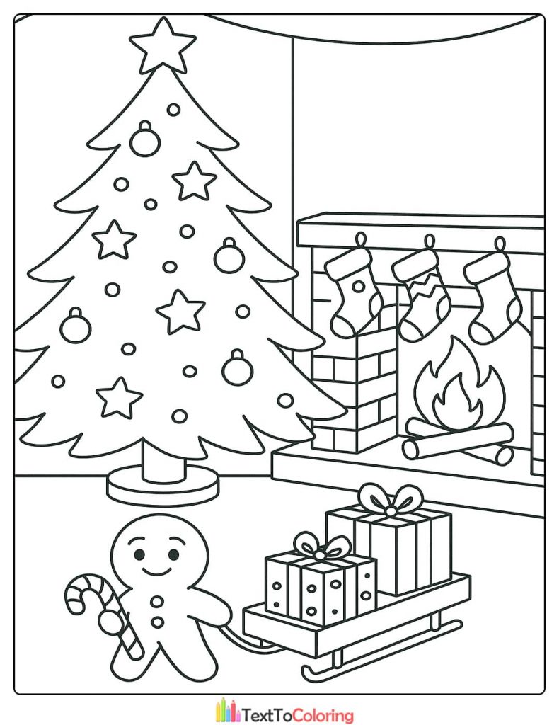 Christmas Coloring Page with a gingerbread man pulling a sled of gifts next to a Christmas tree and fireplace