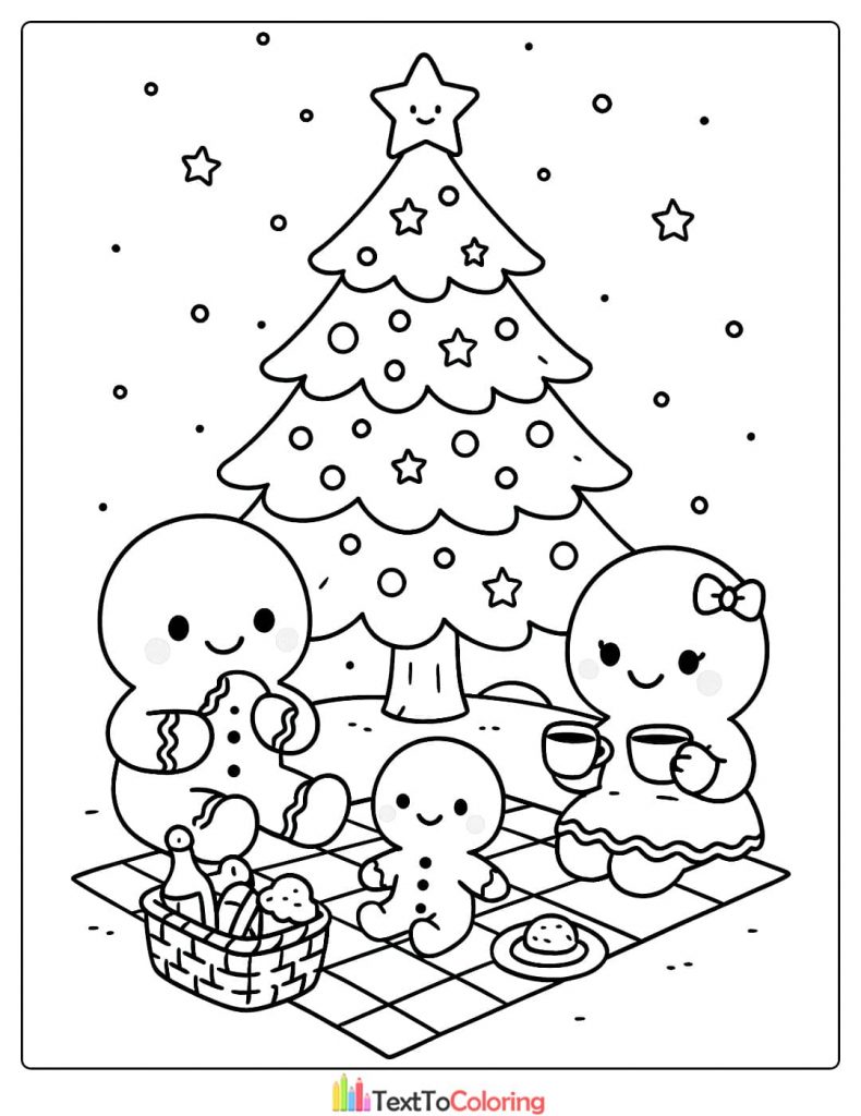 Christmas Tree Coloring Page with Gingerbread Family Picnic