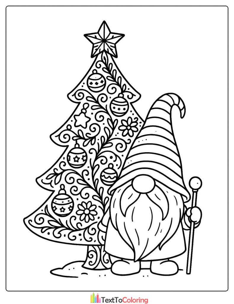 Decorative Christmas Tree Coloring Page with Ornate Swirls and Gnome