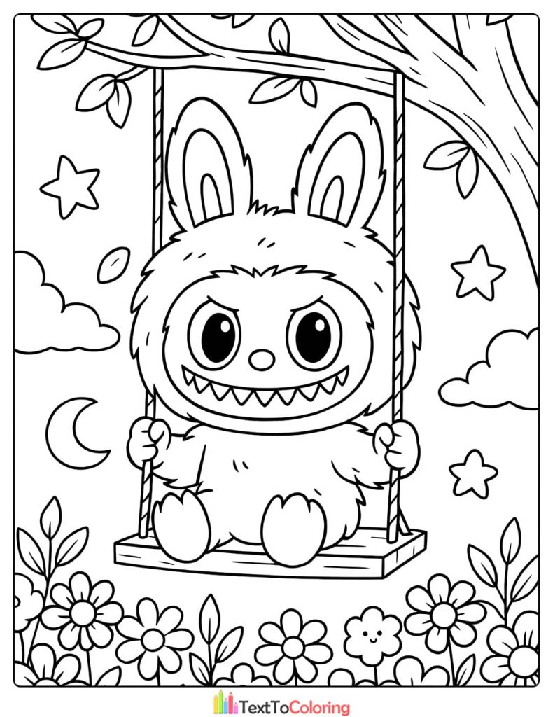 Labubu sitting on a tree swing surrounded by flowers clouds and stars coloring image