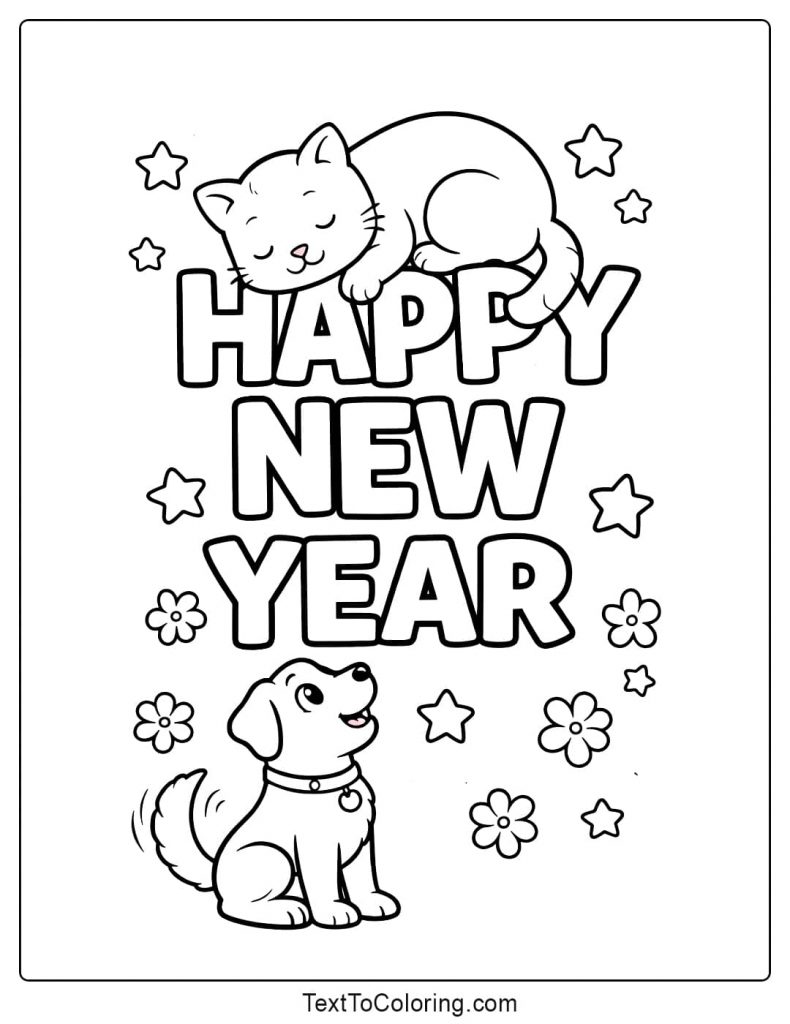 Happy New Year Pet Coloring Pages