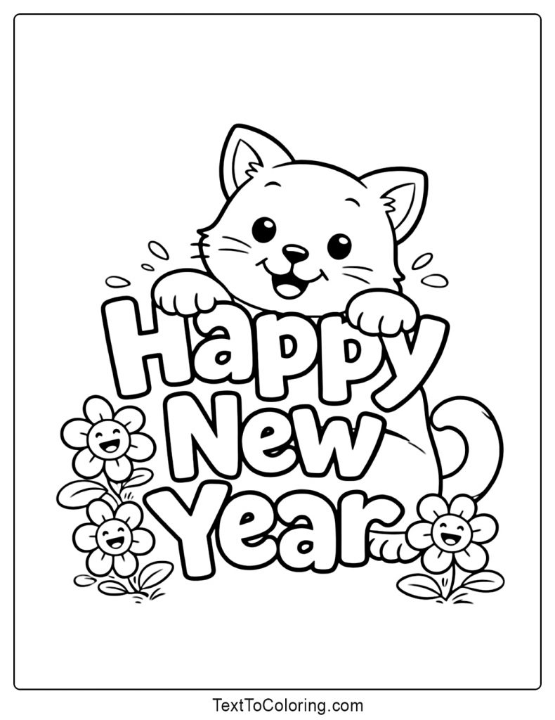 Happy New Year Cat Coloring Pages