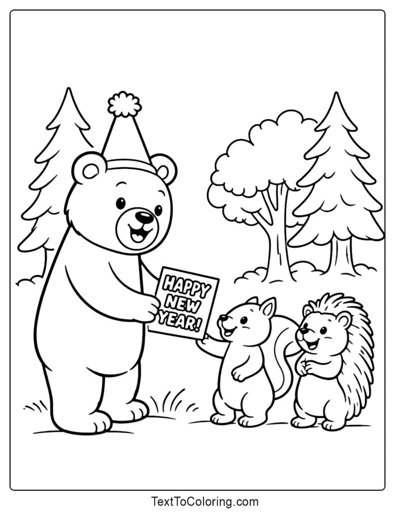 Happy New Year Forest Animal Coloring Pages