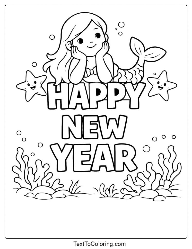 Happy New Year Mermaid Coloring Pages