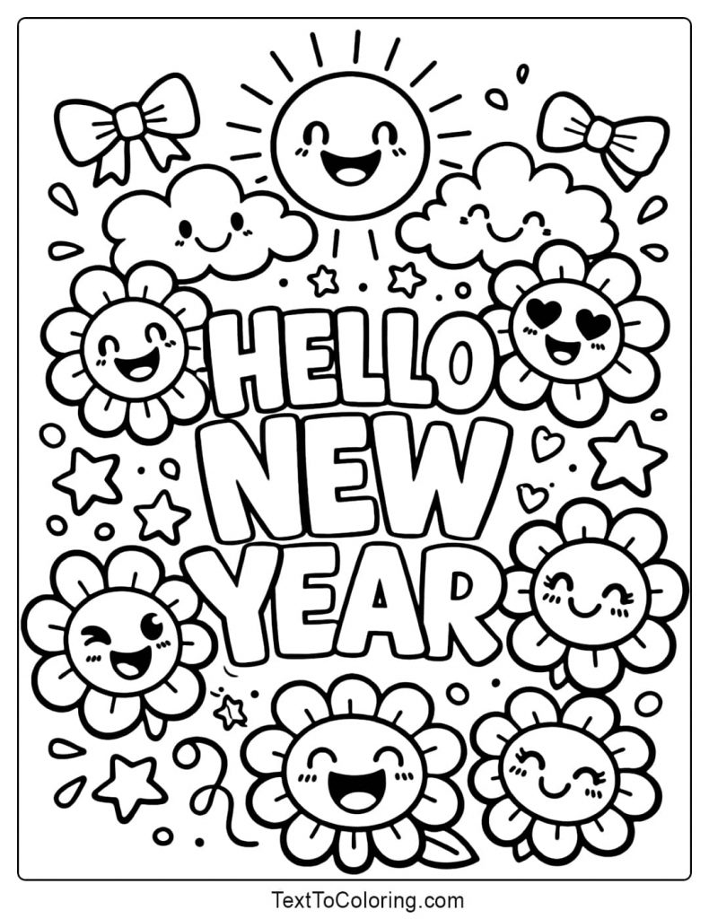 Hello New Year Flower Coloring Pages