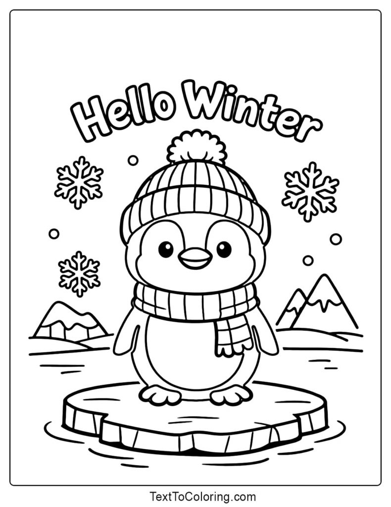 Penguin With Hat Hello Winter Coloring Pages