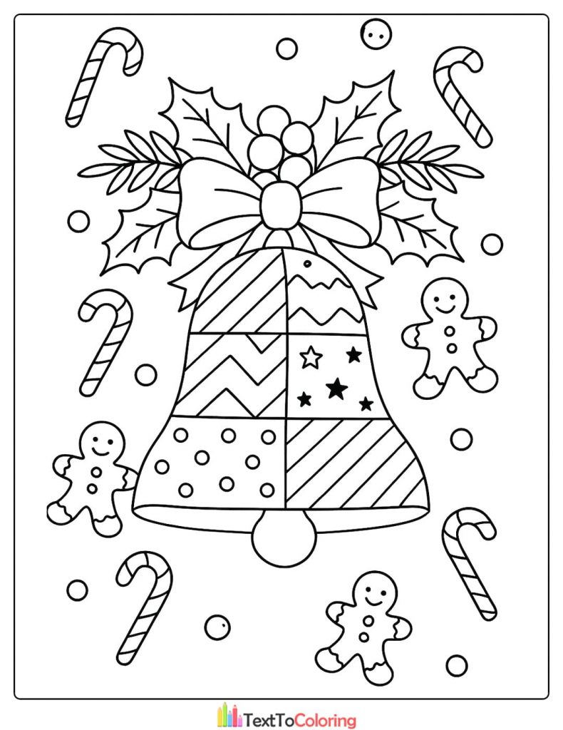 Christmas bell with patchwork patterns and holly surrounded by gingerbread men and candy canes