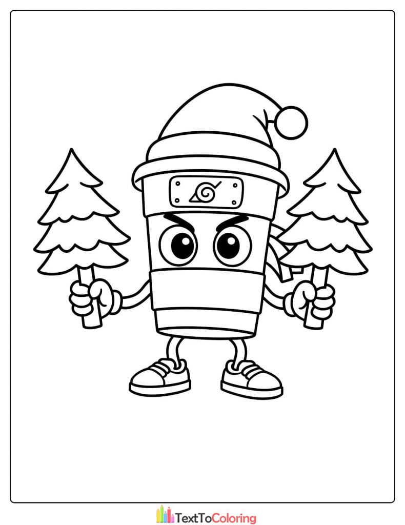 Christmas Coffee Cup Ninja with Santa Hat and Trees Coloring Page