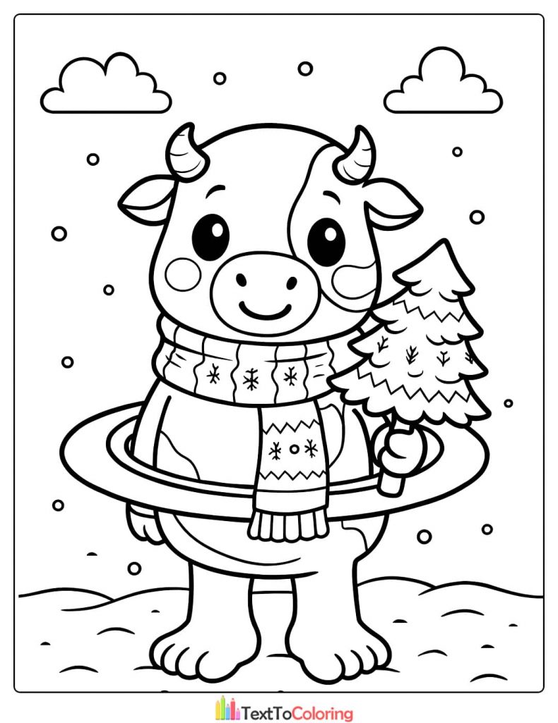 Cute Cow Mascot in Scarf with Christmas Tree Coloring Page